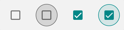 Four checkboxes. Unchecked is a plain box. Focused has a circular line outside. Checked is dark green with a white tick. Focused and checked also has a dark green circle around it.